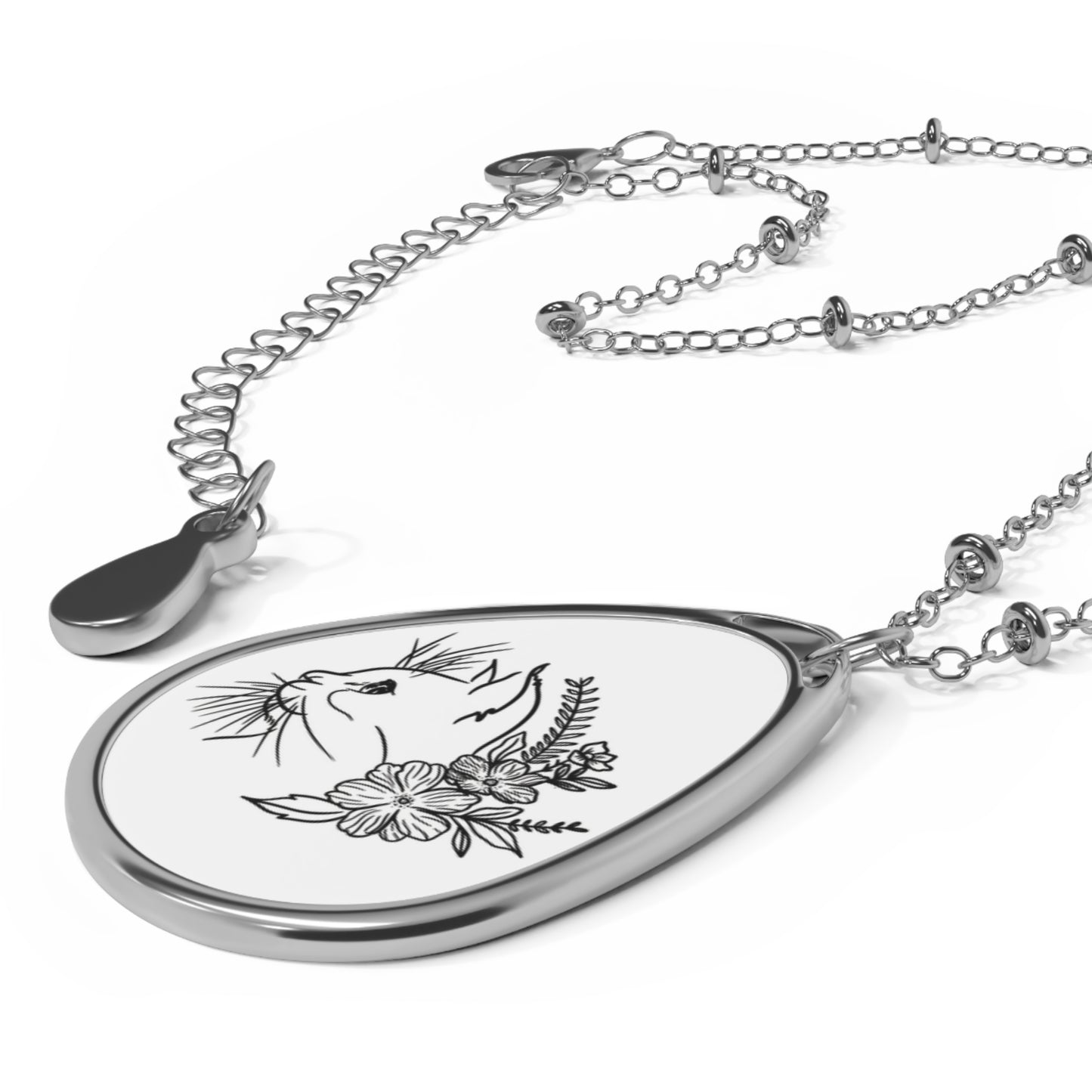 Cat & Flowers Oval Necklace