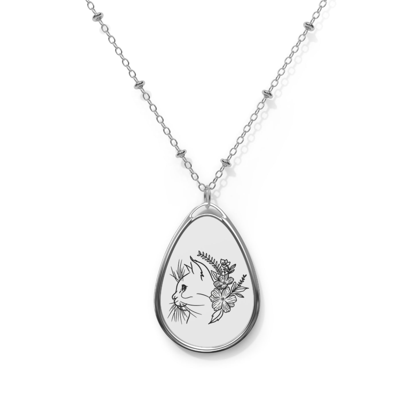 Cat & Flowers Oval Necklace