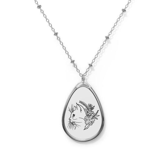 Cat & Flowers Oval Necklace